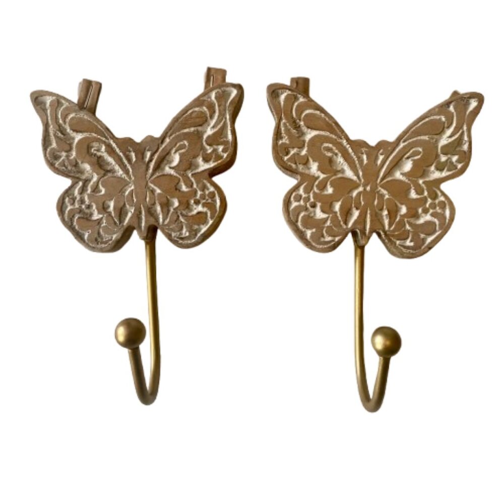 Wooden Butterfly Wall Hooks Whitewashed Gold Tone Hooks Set of Two